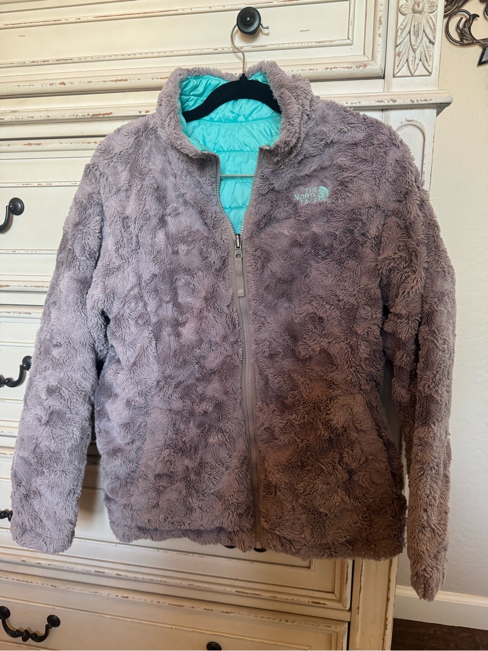 The North Face Girl’s Fuzzy Reversible Jacket - Grey and Aqua